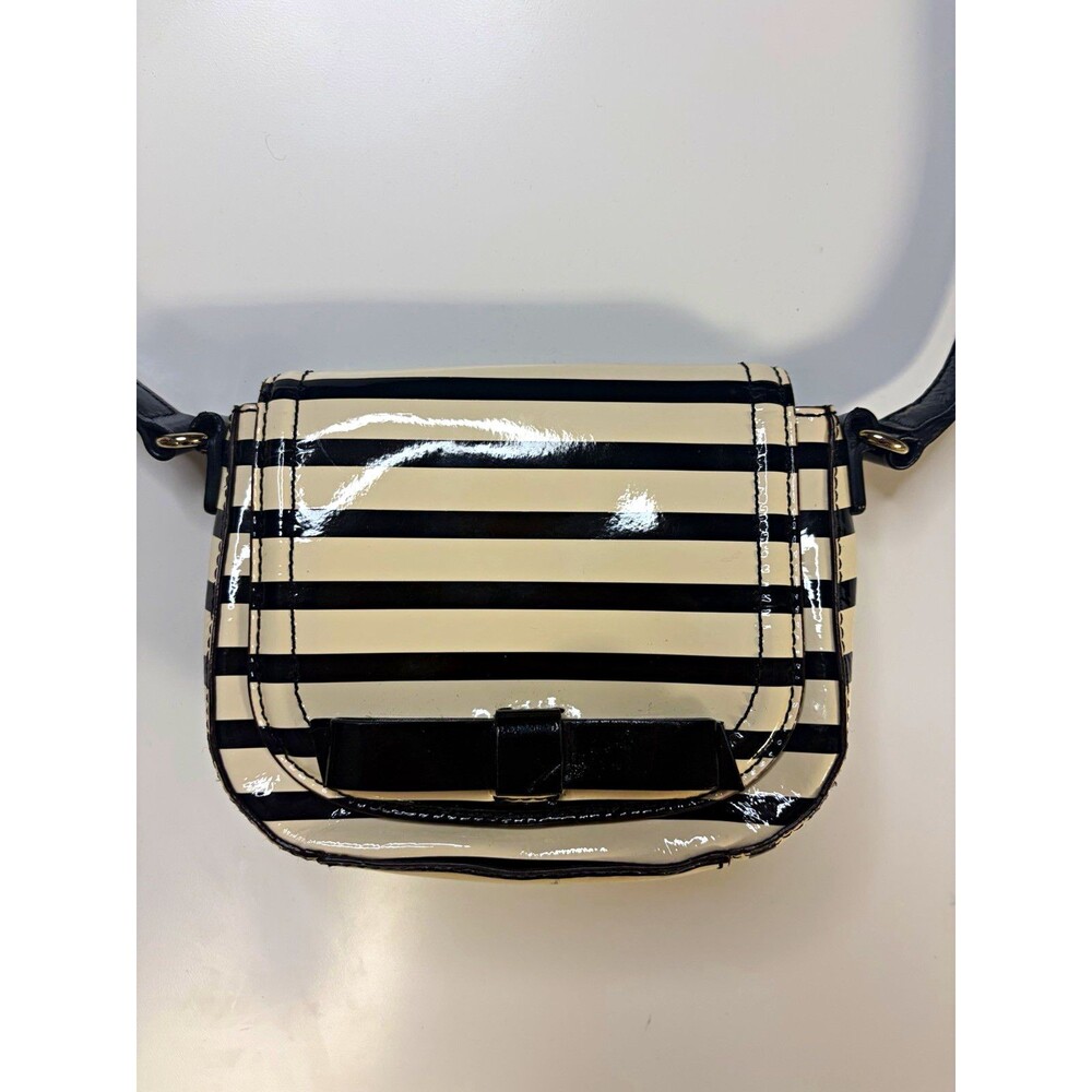 kate spade new york Black/Cream Striped Patent Small Crossbody Snap Bow
